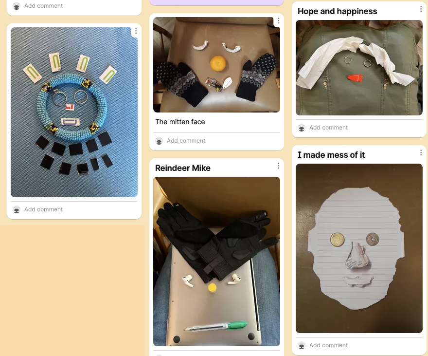 Pictures of faces made with items from our bags, such as rings, bracelets, keys, pens and paper.