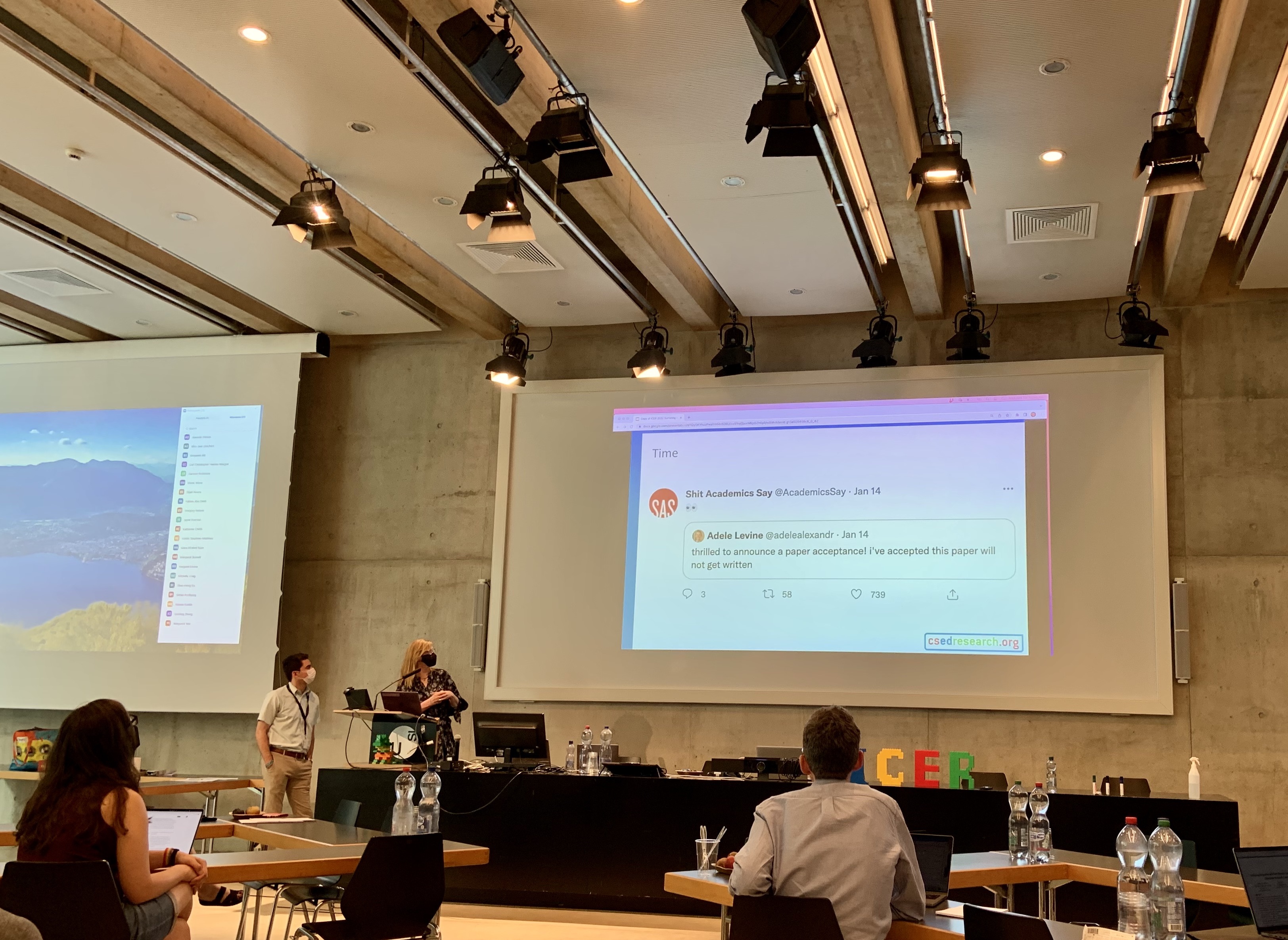 Monica McGill on the ICER stage showing a slide containing the tweet: 'Thrilled to announce a paper acceptance! I have accepted this paper will not get written.'