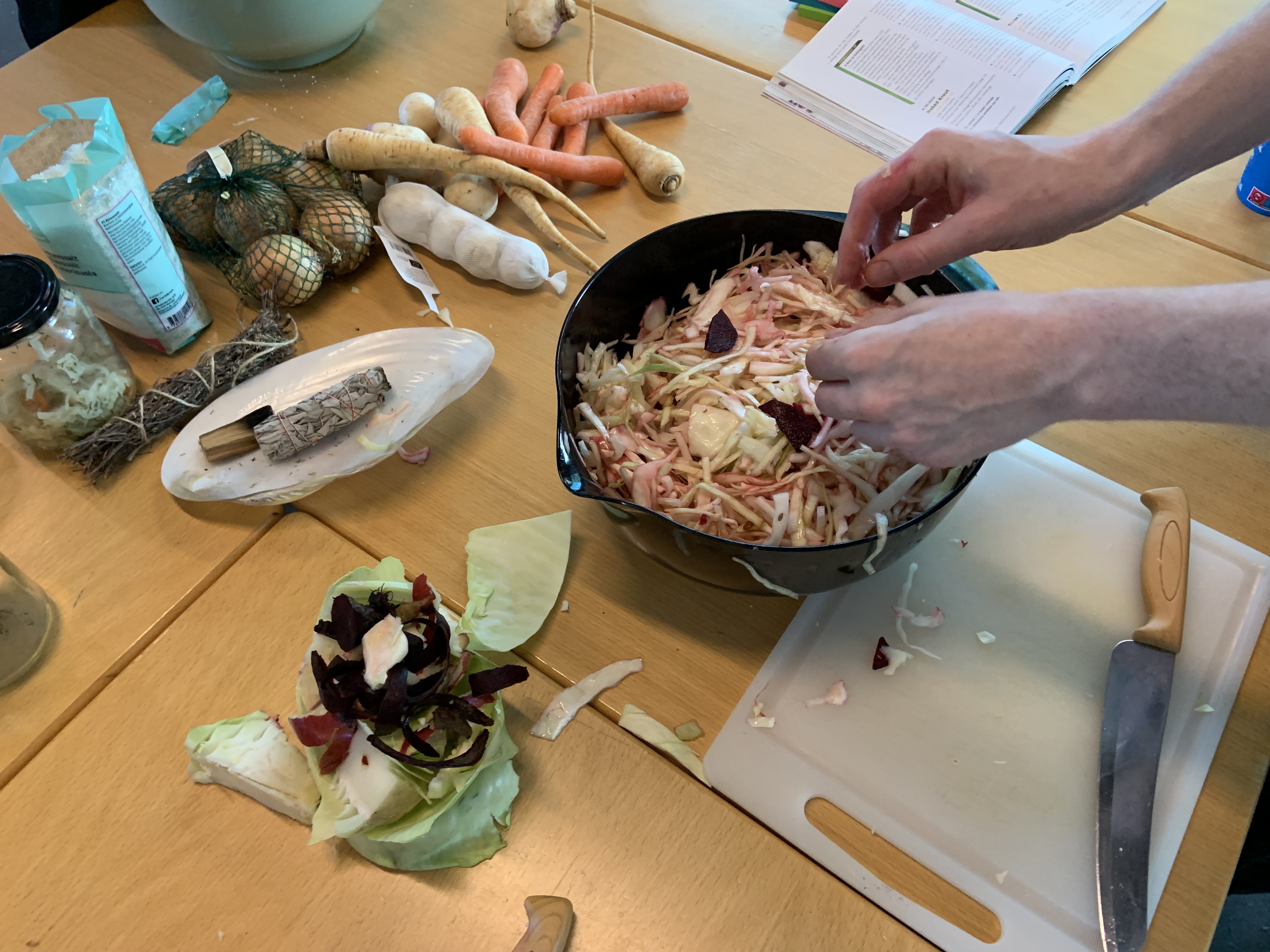 A bowl of shredded cabbage that has been massaged with salt, standing on a table with ingredients for fermenting such as carrots, parsnips, herbs, garlic, onions and salt. Off to the left the chopping board and knife are visible.