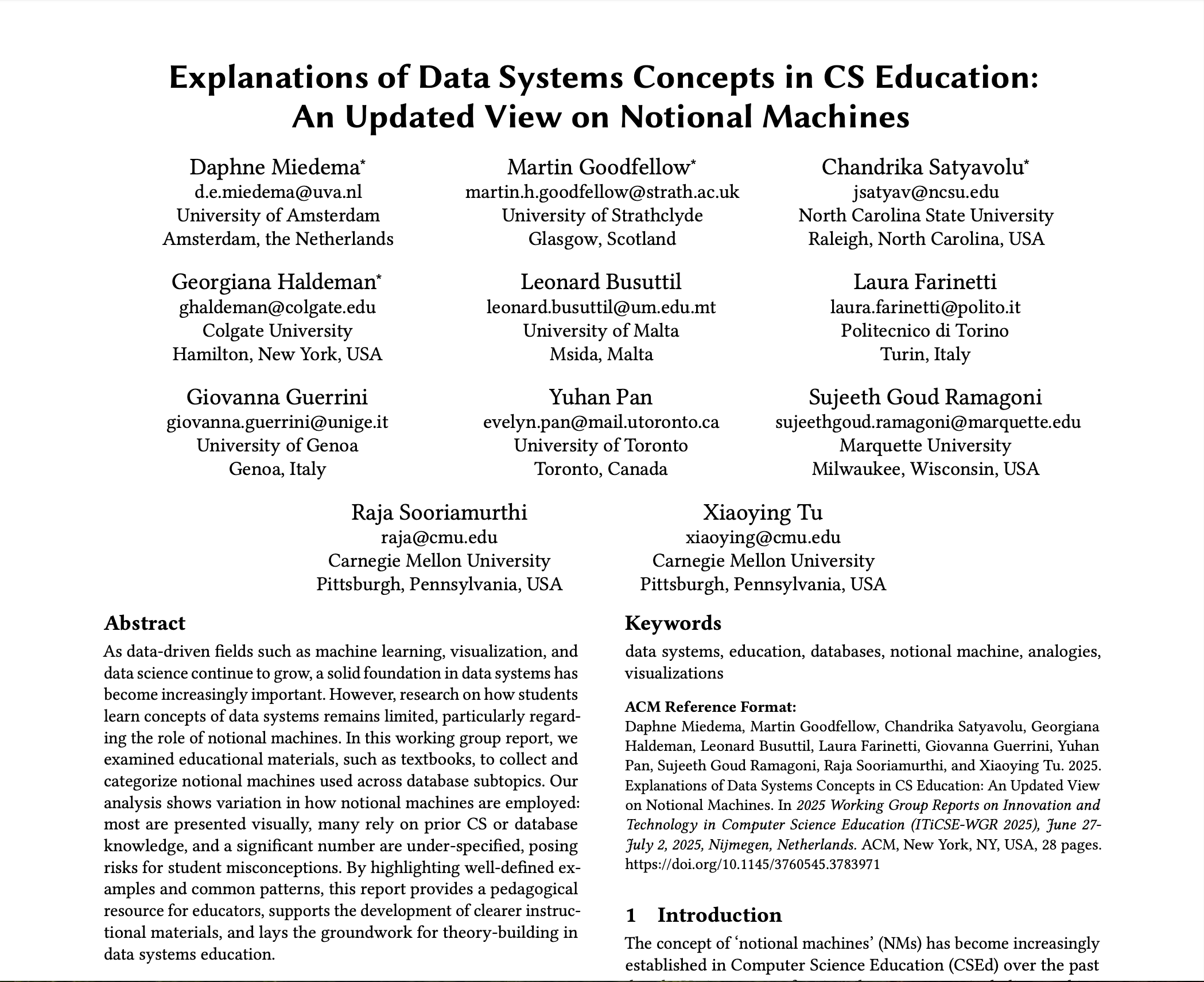 A screenshot from the working group report showing its title and abstract.