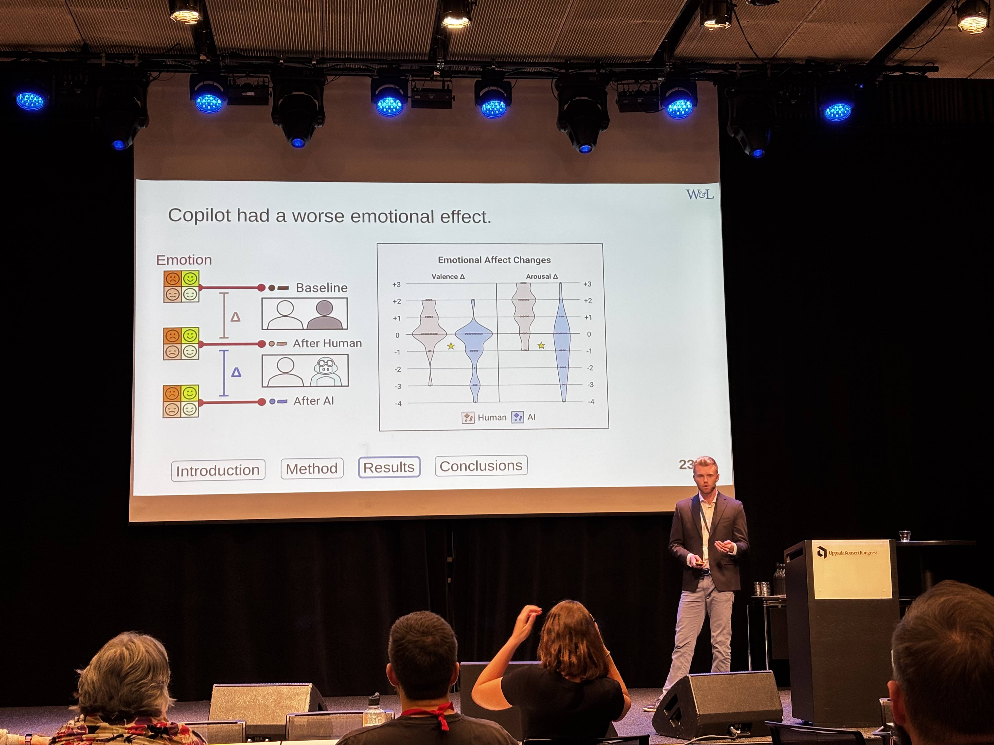 Nicholas Gardella shows us a slide with two violin plots that pair programming with copilot had a more negative emotional effect.